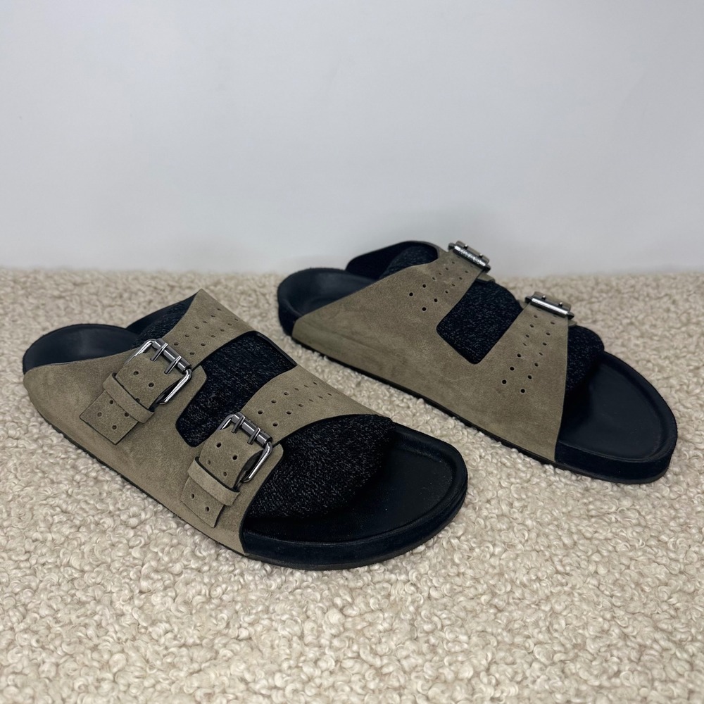 New The Kooples Olive Suede Double Buckle Slides Sandal Khaki Green EU 43 Men 10